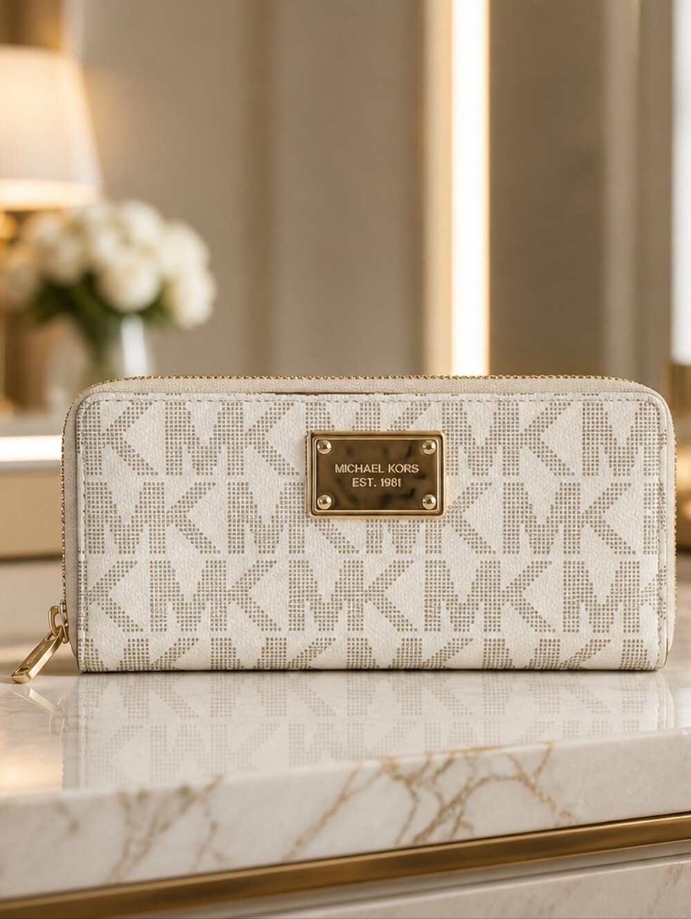 Michael Kors Beige Zip-Around Signature Logo Wallet
